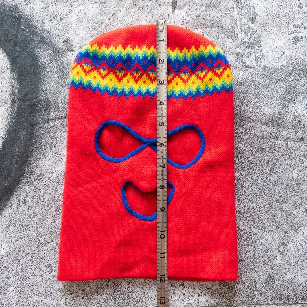 Vintage 70s 80s Knit Balaclava Ski‎ Mask Red Rainbow Fair Isle Pattern